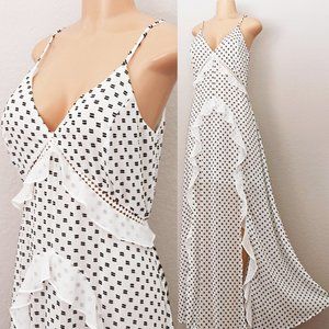 White Swiss Dot Cascading Ruffle Slit Maxi Dress